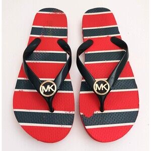Michael Kors PVC Flip Flops Navy/Red Gold Logo Sz 7.5